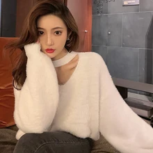 

Halter V-Neck Loose Knitted Sweater Women Mink Cashmere Jumpers Oversized Elastic Casual Pullovers Lantern Sleeve Vintage X470