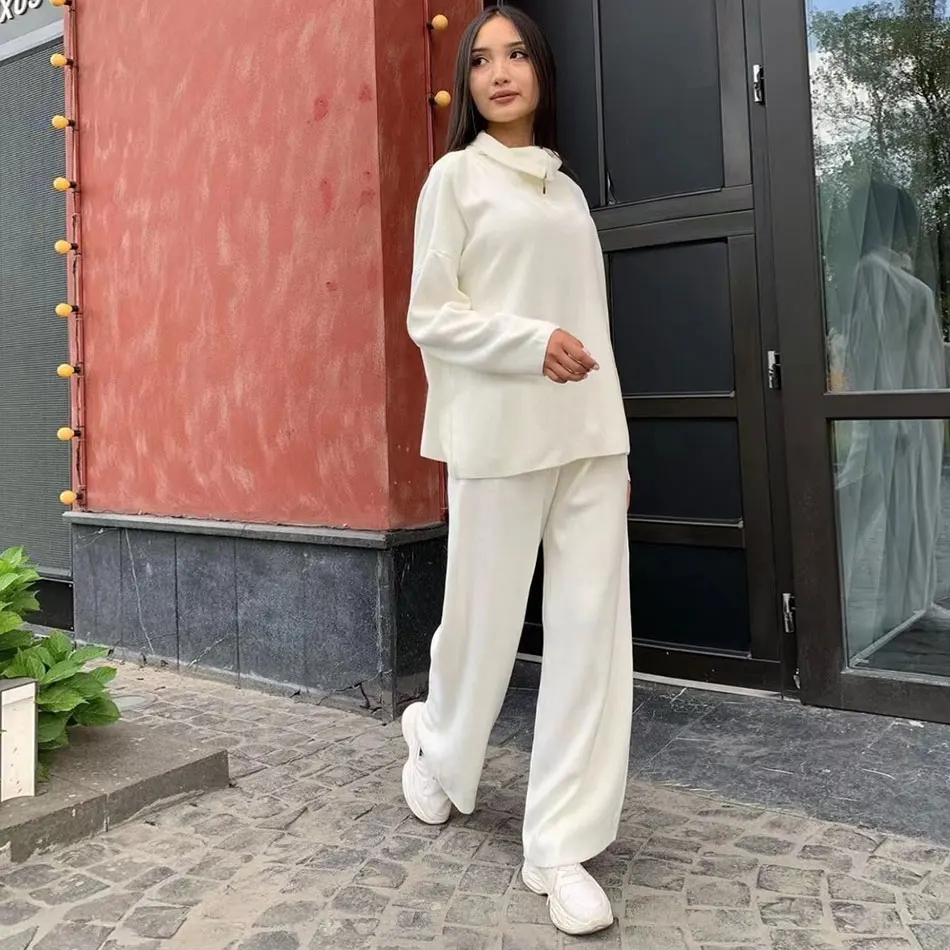 Free Shipping Casual Autumn Loose Knit Sweater Set Fashion Zip Lapel Long Sleeve Pullover Sweater & Straight Pants Two-piece Set white pant suit