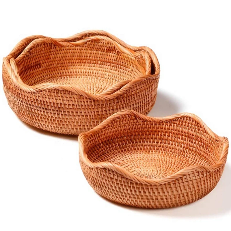

Hot Sale Handmade Rattan Round Fruit Basket Food Storage Bowls Kitchen Organizer Snack Serving Bowl (3-Size Kit)