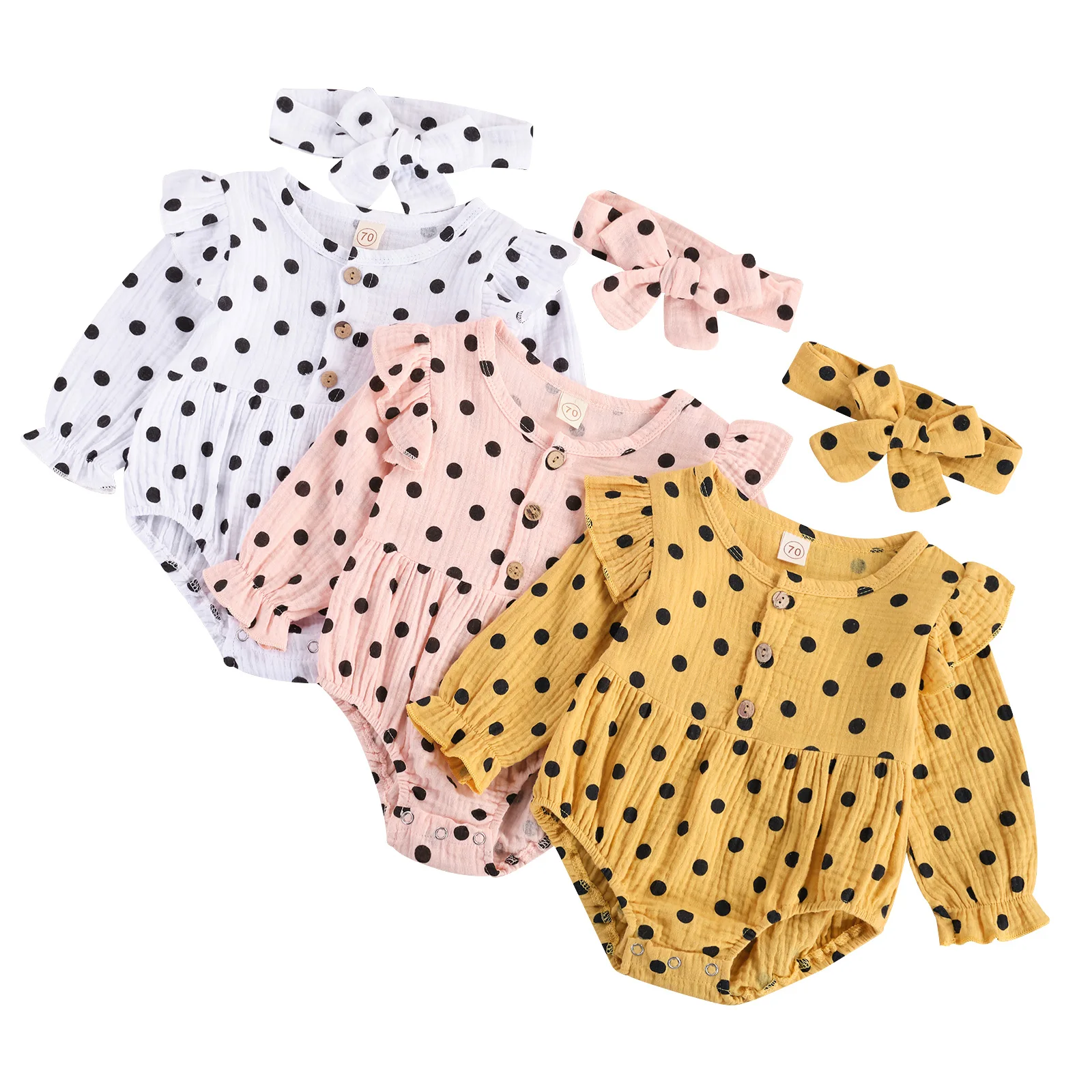 

2020 New Fall Autumn 0-24M Toddler Baby Girl Polka Dot 2Pcs Set Single Breasted Ruffled Long Sleeve Top+Headband Kids Outfit