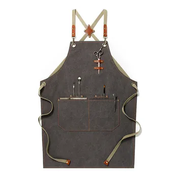 

Khaki Gray Canvas Apron Crossback Strap Barista Bartender Pastry Chef Uniform Florist Barber Hairdresser Painter Work Wear K41A