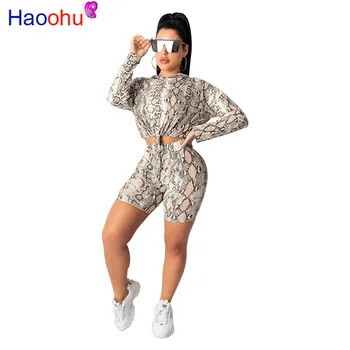 

Sexy Snake Print Two Pieces Set Tracksuit Women Crop Top and Biker Shorts Sweat Suit Club Outfits 2 Piece Matching Sets