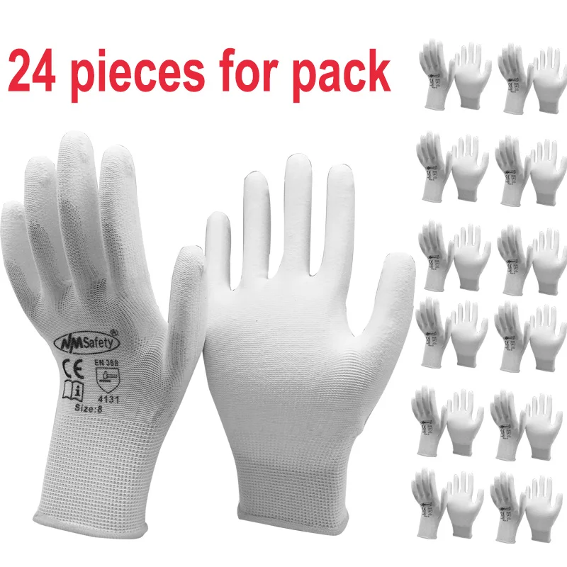 White Anti Static Protective Work Gloves 24Pieces/12Pairs With Nylon Knitted Liner Dipped PU On Palm