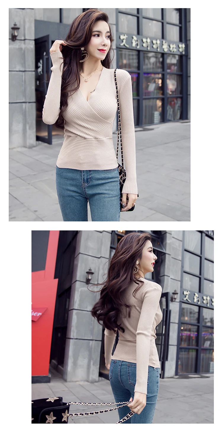 2022 Spring Sexy V-Neck Women Sweater Tops T-shirt Knitted Long Sleeve Thread Bottoming Slim Sweaters Pullover Jumper Soft Warm