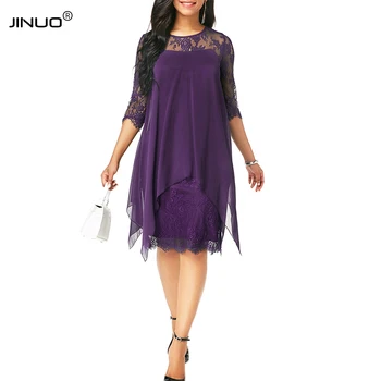 

JINUO New 3 Colors Casual Women Summer Vestido Chiffon Round Neck Overlay Three Quarter Sleeve Black Lace Dress Plush Size