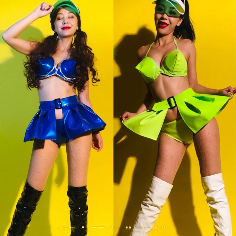 

Bar Nightclub Dj Ds Gogo Dance Costume Green Blue Leather Bra Skirt Bikini Party Sexy Pole Dance Clothing Rave Outfit DWY3321