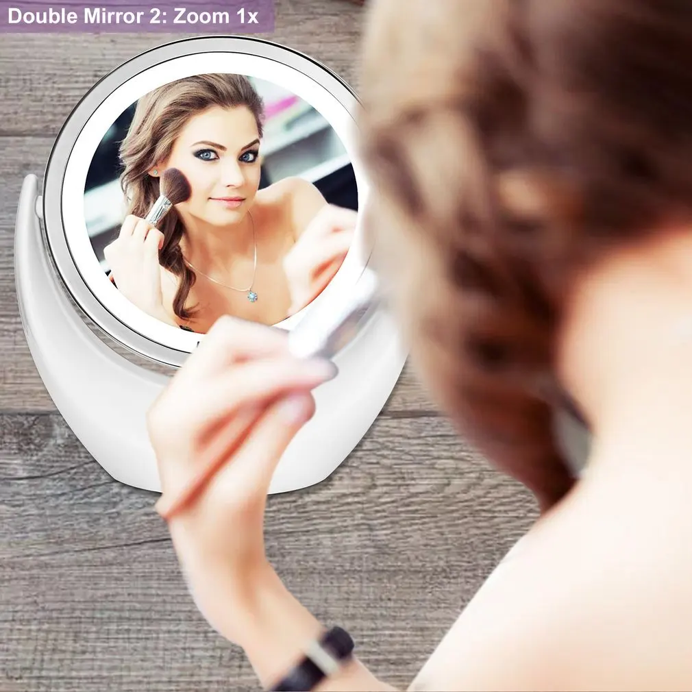 Portable Folding Adjustable Brightness 8 LED Lighted 1X 2X Magnification Travel Mirror with Battery for Cosmetic Makeup