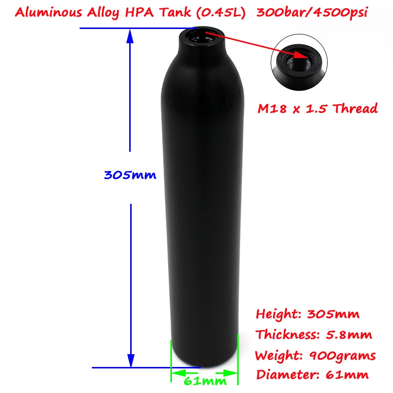 0,45 л Воздушный бак 4500PSI PCP Пейнтбольный бак из алюминиевого сплава HPA цилиндр черный M18* 1,5 резьба