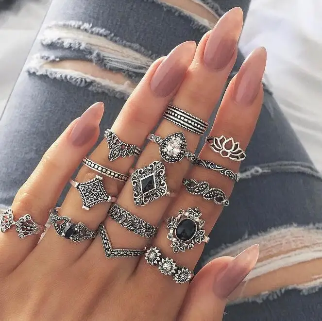 

15pcs/set lotus Vintage Antique Silver Punk Black Opal Elephant Ring Set for Women Carved Finger Rings Party Beach Rings 2019