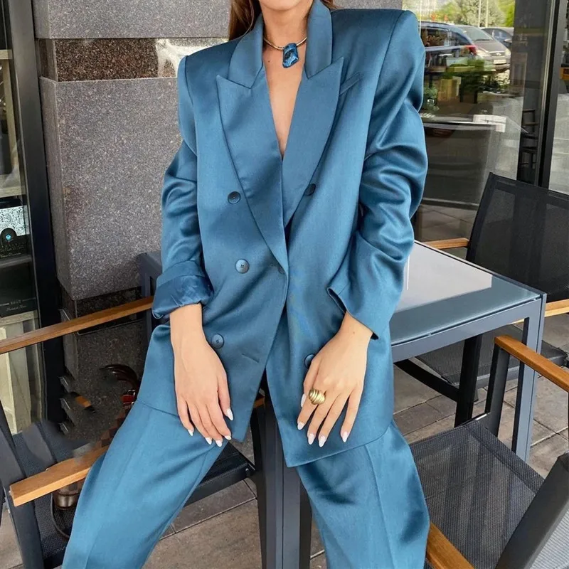 New Fashion Satin Blue Peaked Lapel Double-breasted Women Suits With Pencil  Pants 2 Pieces Sets Office Lady Casual Daily Wear - AliExpress