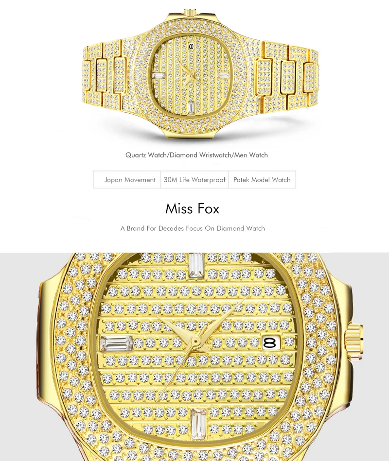 Relogio Masculino MISSFOX золотые наручные часы для мужчин Patek лучший бренд класса люкс золотые часы для мужчин часы багет алмаз мужские наручные часы