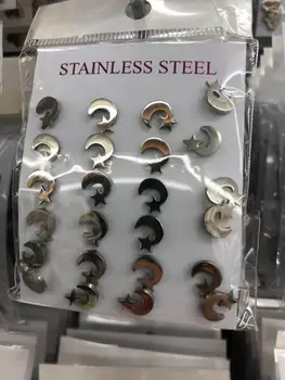 

12Pairs/lot Wholesale Stainless Steel Stud Earrings For Women Moon With Star Pendientes Moda Mujer Jewellery Accessories