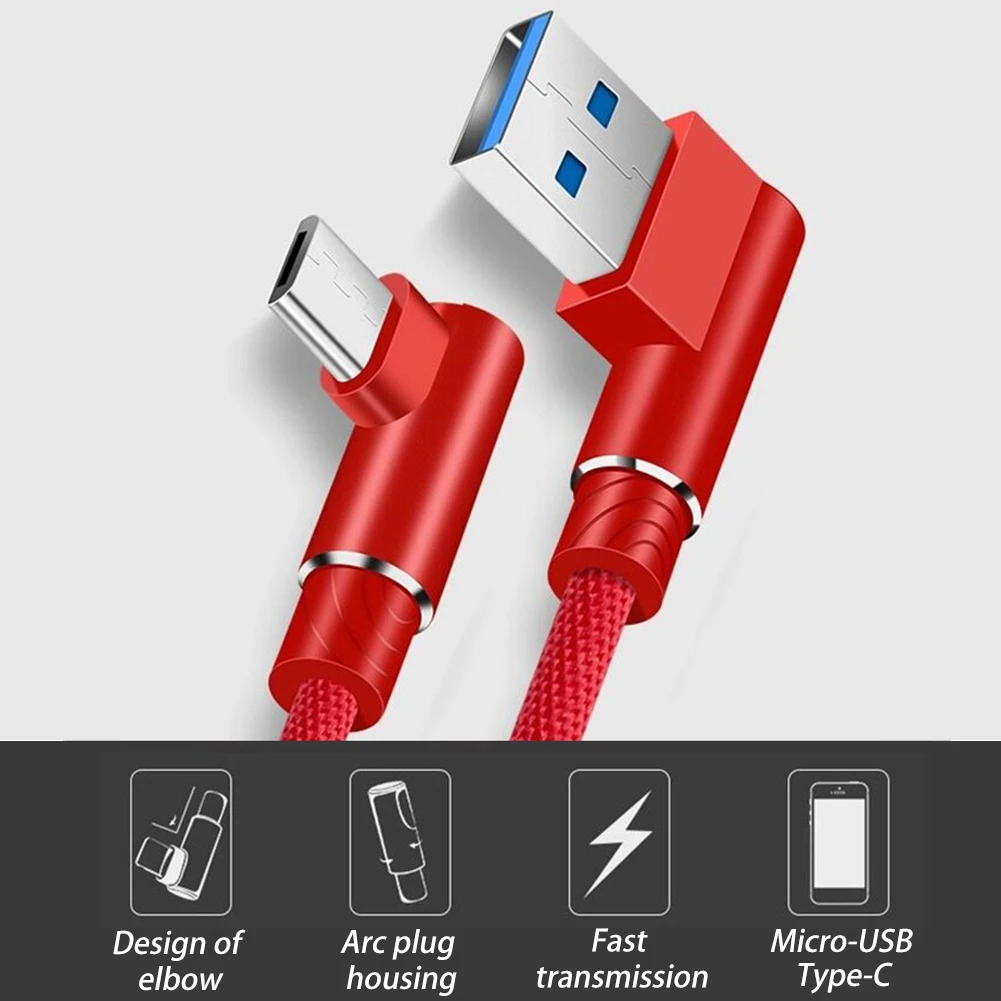 Прочный кабель для передачи данных и быстрой зарядки USB type C Micro USB под прямым углом для samsung Xiaomi