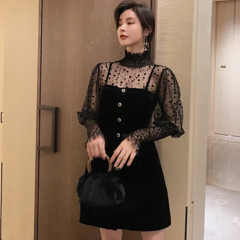 

2020 сетчатые топы с высоким воротом и черное платье миди на тонких бретелях, комплект из 2 предметов, элегантные офисные женские сексуальные вечерние костюмы, Vestidos