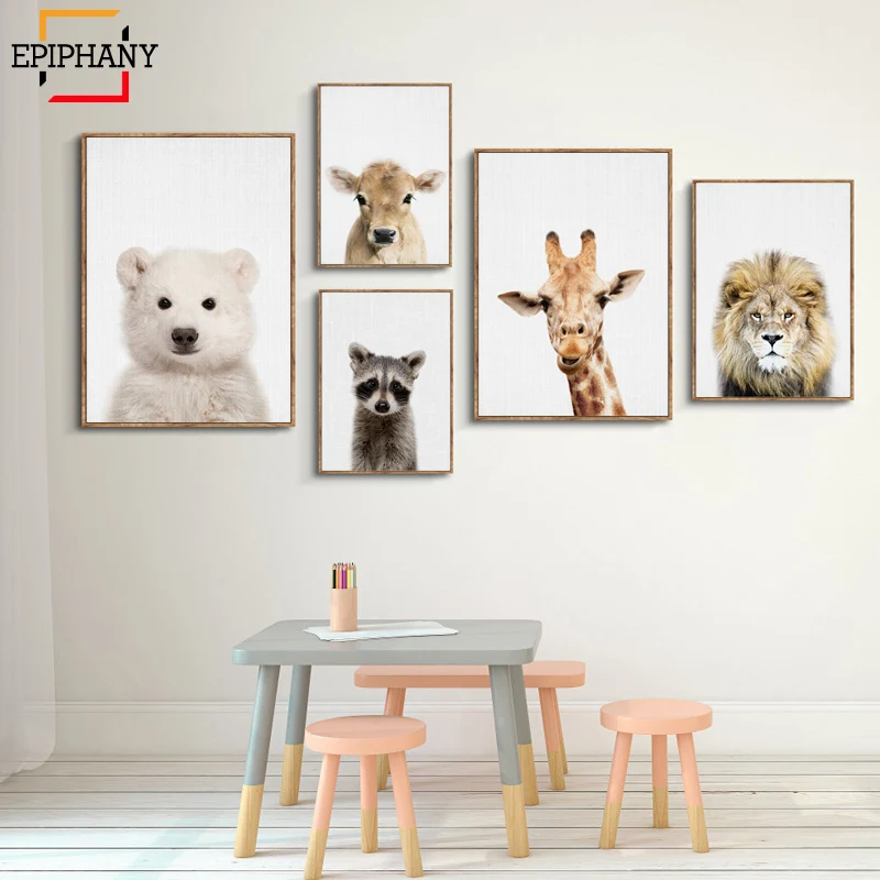 Лев, медведь, жираф, олень, лесное животное, художественный принт, плакат, сафари, животные, картина, холст, живопись, детская комната, декор для стен