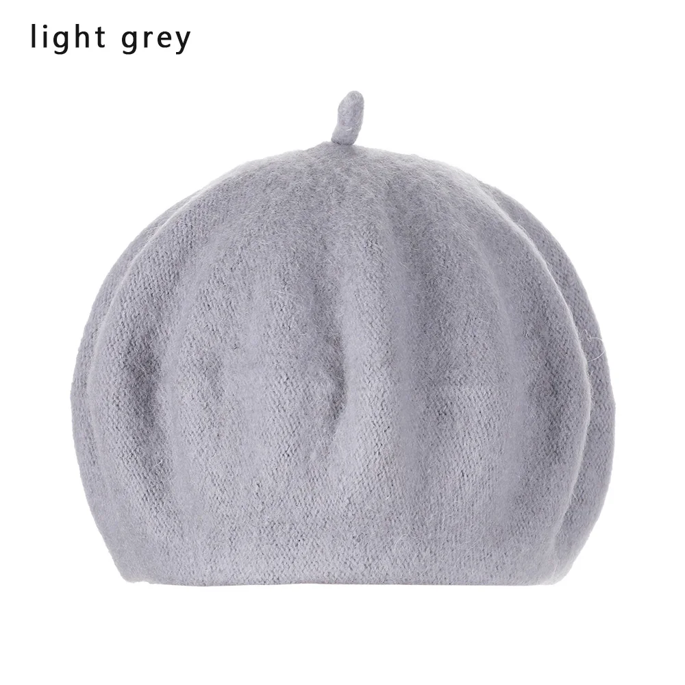 light grey 1 шт., новинка, Модный женский шерстяной берет для девочек, шапка, французский однотонный цвет, фетровые береты, зимняя теплая мешковатая шапочка, Классическая фетровая шапка с тыквой - Цвет: light grey