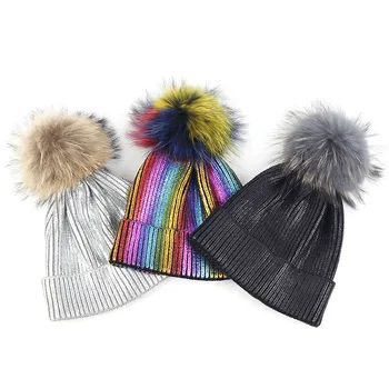 

Women Ribbed Fashion Beanie Hat Winter Skull Hats Knitted Bonnet Caps for Girls Lady Female with 15cm Real Fur Pompom