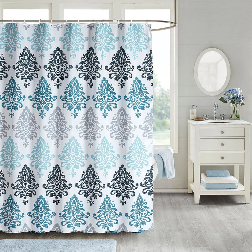 

Light Blue Damask Shower Curtain for Bathroom With 12 Hooks Polyester Fabric Machine Washable Waterproof Bath Curtains Screen