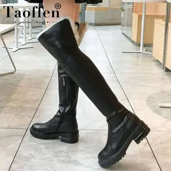 

Taoffen Women Genuine Leather Plush Fur Over Knee Boots Round Toe Thick Sole Platform Winter Shoes Woman Warm Botas Size 34-39