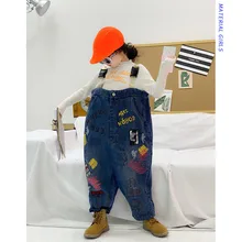 Girls'Belt Trousers 2009 Autumn Dress New Korean Edition Children's Broad Printed Bucket Jeans Leisure Pants