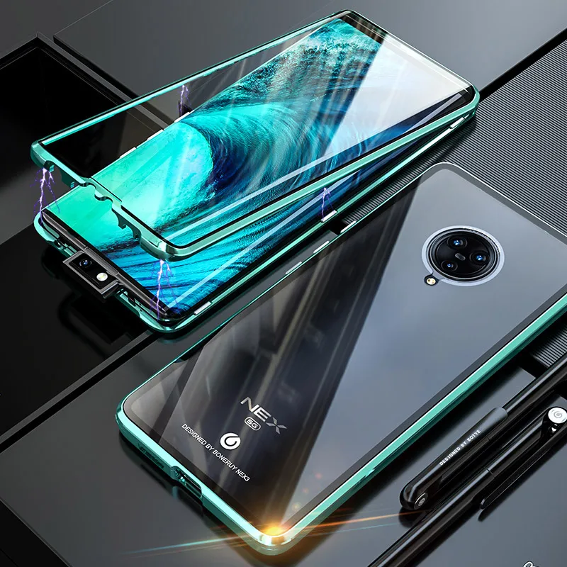 Green Front+Back Double Sides Clear Tempered Glass Magnetic Adsorption Case For Vivo NEX 3 NEX3 5G Cover Metal Bumper Frame - Цвет: Green