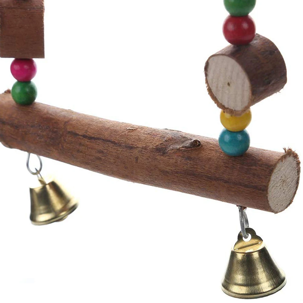 Pet Bird Parrot Wooden Beads Bell Hanging Swing Stand Bite-resistant Chew Toy