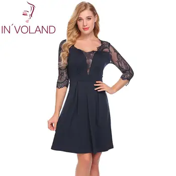 

Women Dress Fashion Autumn Spring 3/4 Sleeve Square Neck Lace Pacthwork A-Line Mini Dresses Slim Party Feminino Vestidos