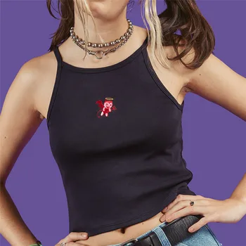 

Sexy Black Demon Embroidery Spaghetti Strap Off Shoulder Vest 2020 Summer Women Skinny Slim Camisole Top Streetwear