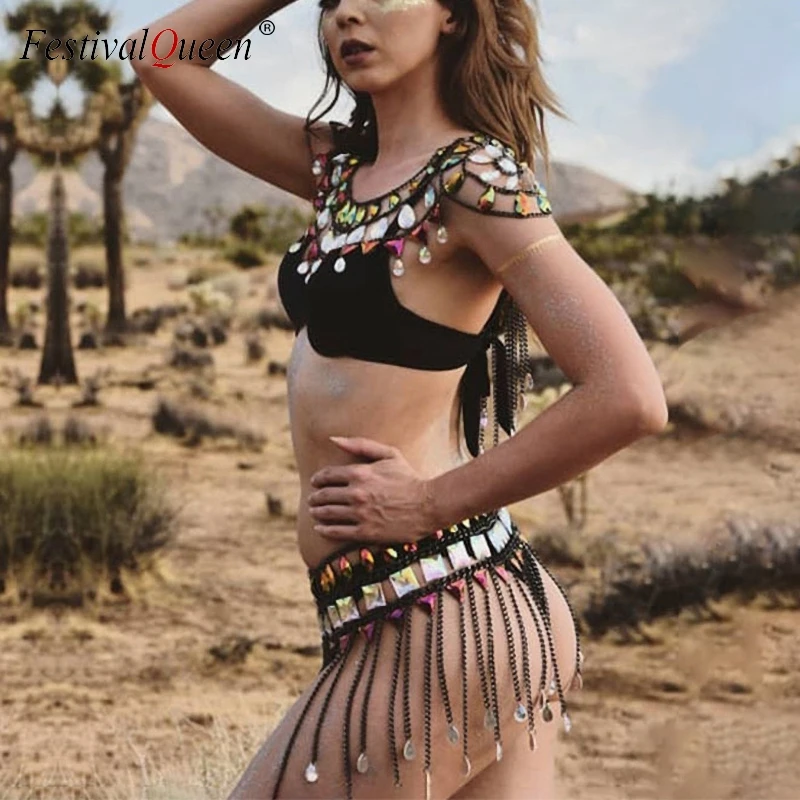 Блестящие стразы женские мини юбки цепь с металлическими звеньями кисточкой Регулируемая талия сексуальная тонкая юбка музыкальный фестиваль лето пляж шик