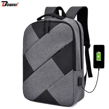 

USB Charging Laptop Backpack Men 15.6 Oxford Geometry Patchwork Back Pack Male Bagpack Rucksack Black Large Capacity 2019 New