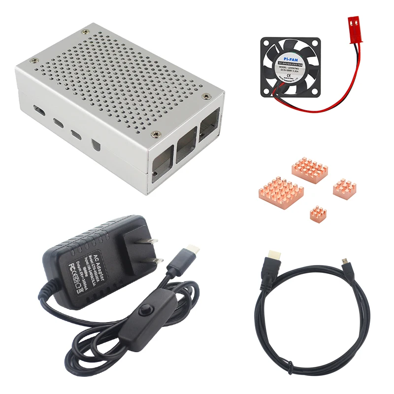 Raspberry Pi 4 Алюминиевый металлический чехол коробка+ блок питания+ кабель Micro HDMI+ радиатор+ вентилятор охлаждения для Raspberry 4 Модель B - Цвет: kit 4