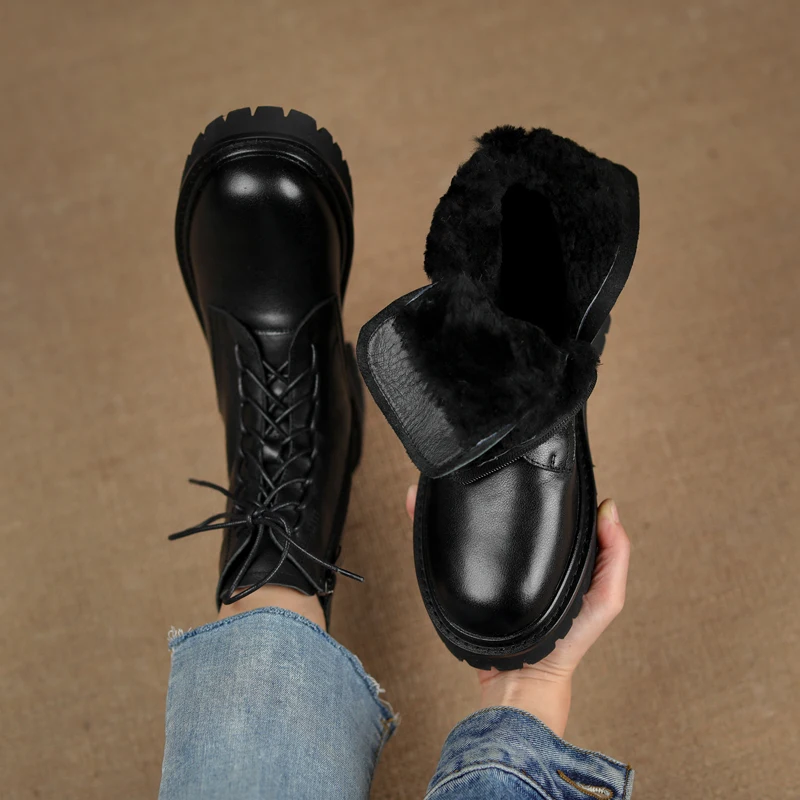 

2023 Plus Size 42 Shoes Women Platform Boots Cow Leather Black Gothic Comfort Chunky Block Heels Lace Up Ankle Booties