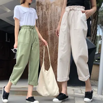

Women Loose Casual Summer Pants Big Pocket Elastic Waist Belted Trousers High Waist Loose Trousers Korean Style Ladies Pants