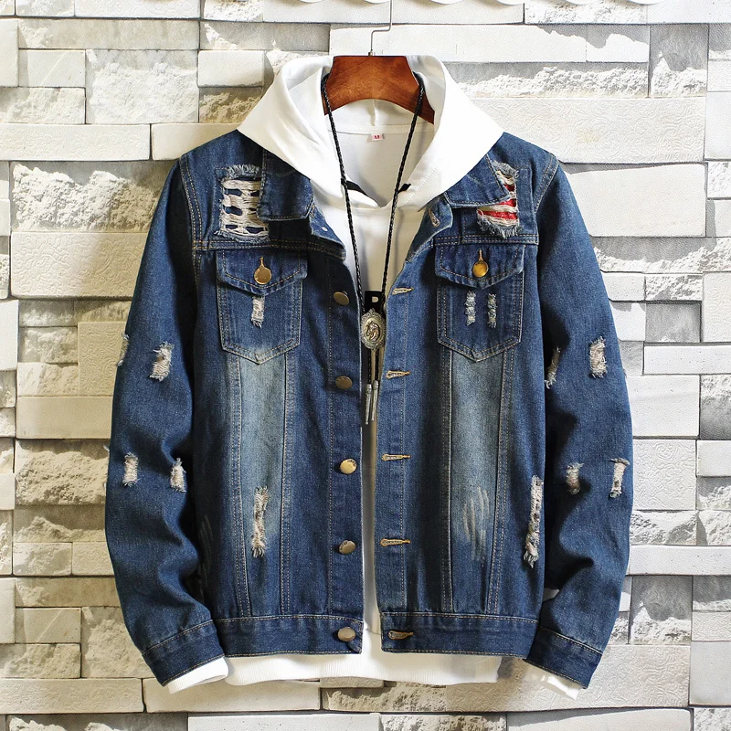 

Autumn New Hole Denim Jacket Men Fashion Wash Solid Color Casual Denim Coat Man Streetwear Loose Hip Hop Bomber Jacket Men