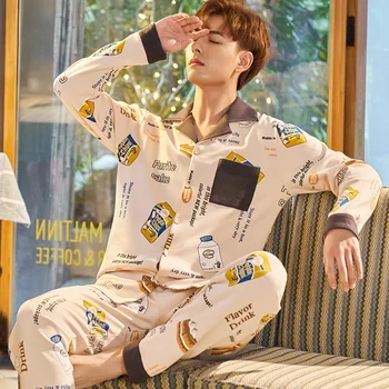 

Spring Autumn Winter Men 100% Cotton Pajamas Sets of Sleep Top & Pants Male Pijama Casual Home Clothing Sleepwear