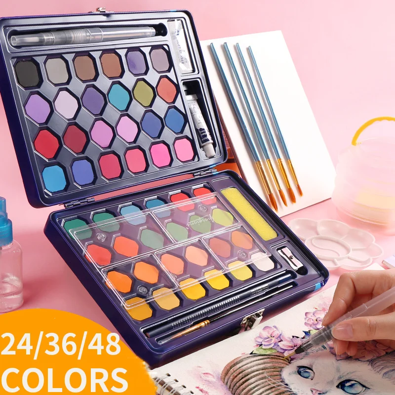

High Quality Solid Watercolor Paint Set Students Portable Watercolor Tool Set Iron Box Powder Pigment Drawing Art Supplies