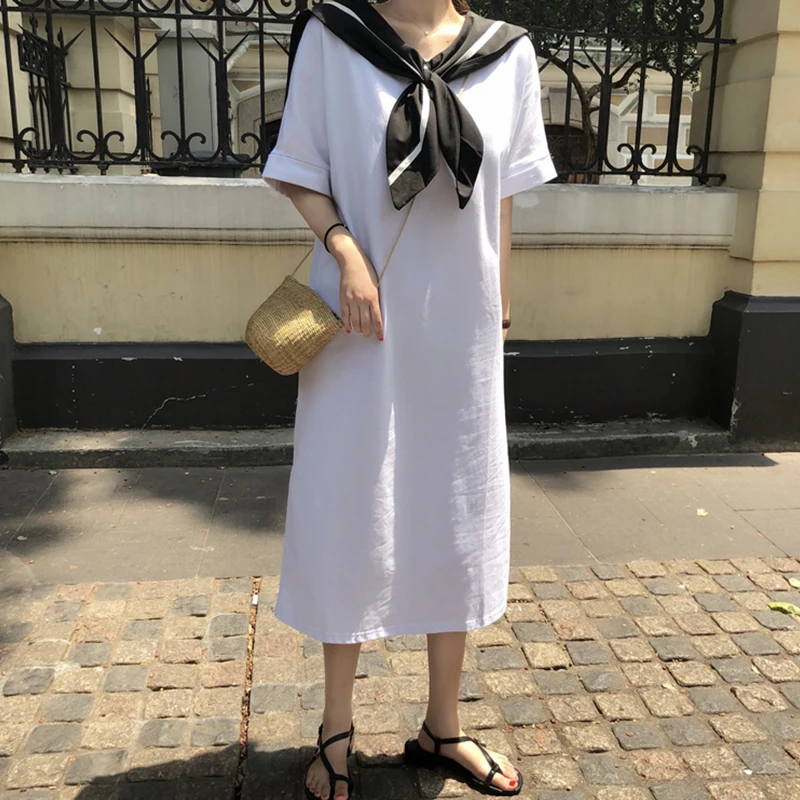 2020 Japanese Preppy Style Oversized Sweet Dress Summer Women Midi T-Shirt Sailor Collar White Black Casual Loose Vestidos | Женская