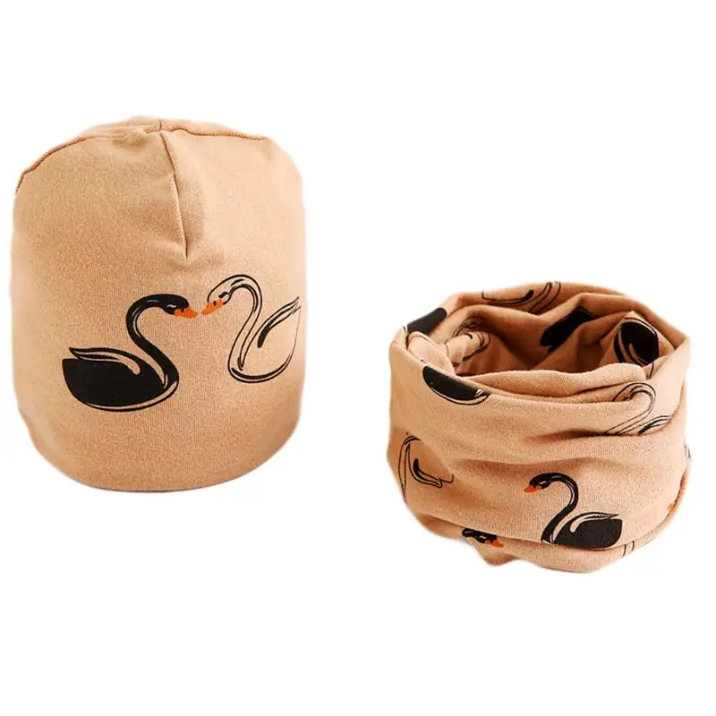 Детская шапочка-шарф; комплект из хлопка с рисунком лебедя; Детские Зимние теплые шапки; N1HB - Цвет: Коричневый