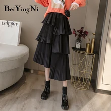 Beiyingni юбки женские Асимметричные корейские для отдыха элегантные офисные женские юбки Черные Серые весна осень OL Плиссированные Миди многослойные юбки