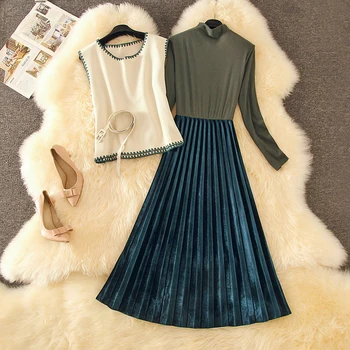 

elegant lady two piece dress sets embroridery vest and slim pleated knee-length dresses women fashion dresses suits top quality