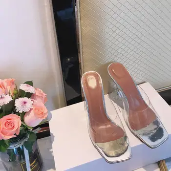 

2020 Summer Pumps Sexy PVC Slippers Sandals Shoes Women Thin High Heels Open Toe Sandal Lady Pump Shoes Mules Size 35-40