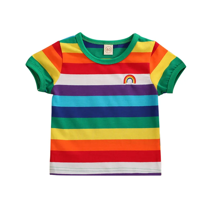 Футболка для малышей; Одежда для новорожденных; Повседневный пуловер с радугой для девочек; футболка; топы; платье в полоску - Цвет: short sleeve 6 to12M