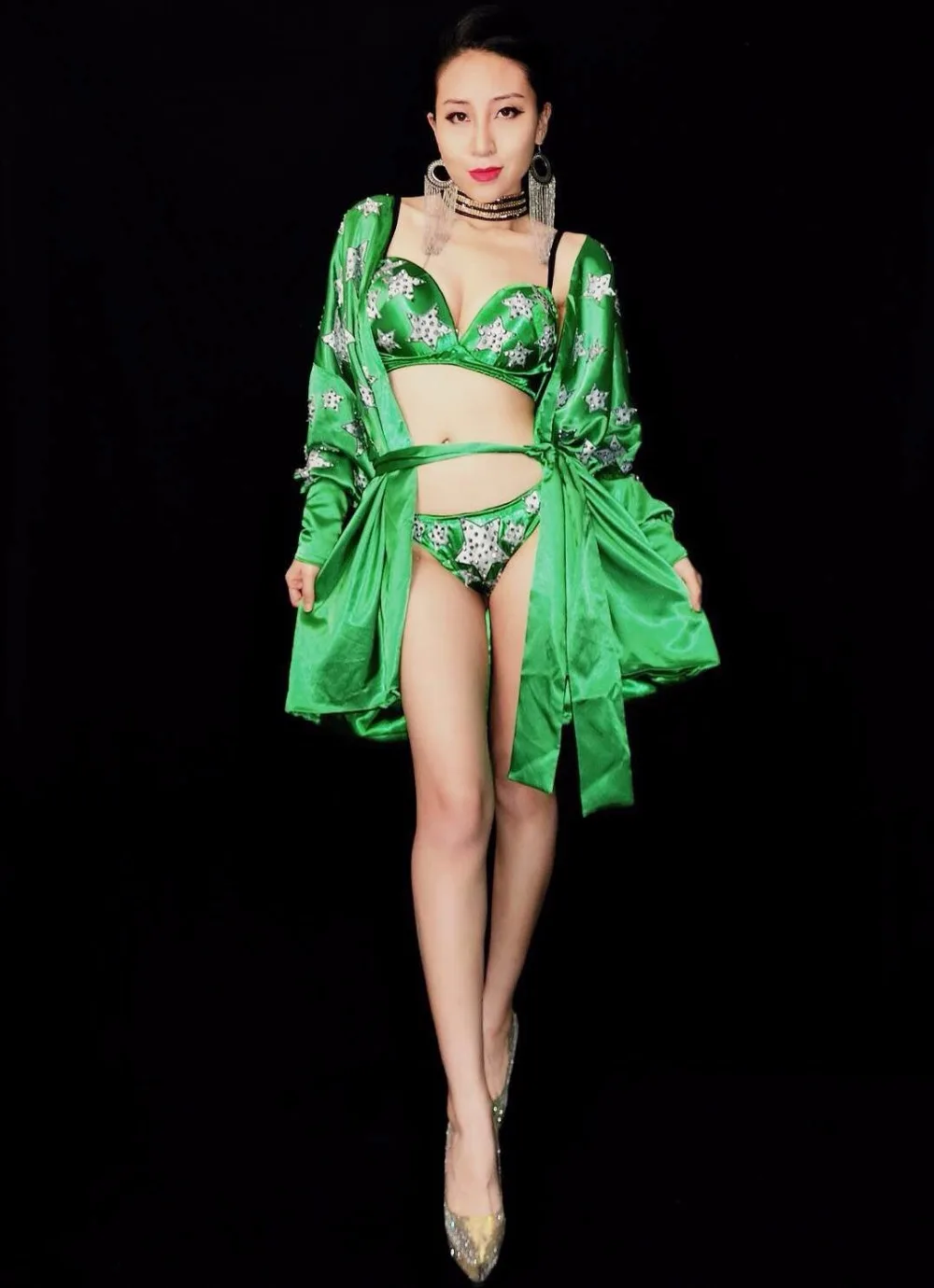 Сексуальные стразы, звездный узор, Зеленый бикини, костюм, комплект, бюстгальтер, короткая куртка, наряд, женские, для танцев, выпускного, вечерние, для сцены, шоу, комплекты одежды