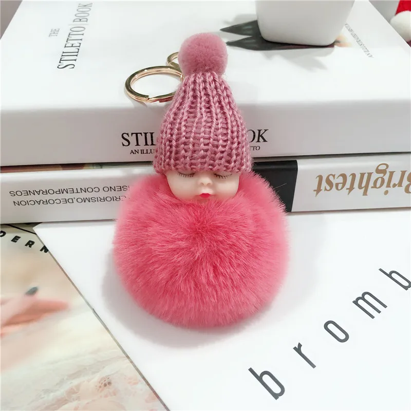 3color Cute Sleeping Baby Doll Cartoon Jewelry Keychain Pompom Fur Ball Key  Chains Car Keyring Women Key Holder Bag Pendant Charm Accessories