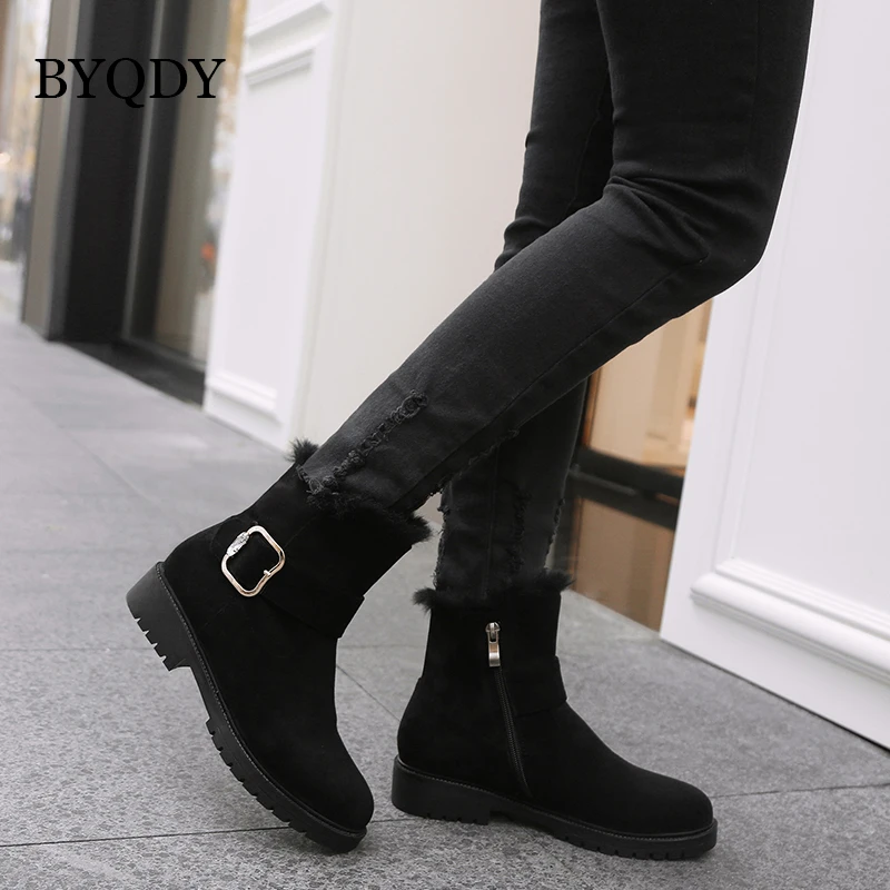 

BYQDY Plus Size 34-43 Woman Classic Autumn Buckle Strap Short Ankle Boots Lady Cool Comfortable Black Casual Xmas Girls Boots