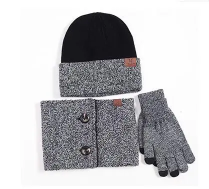 GRAY Комплект из 3 предметов, зимняя вязаная шапка, теплая шапка+ шарф+ перчатки, зимний комплект, Шапка-бини и шарф-бесконечность, вязаные перчатки с сенсорным экраном - Color: GRAY