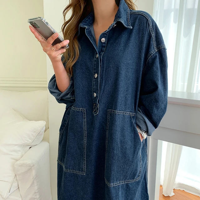 Women's Autumn Long Sleeve Denim Shirt Dress Button Pocket Jeans Maxi Dresses Casual Loose Female Street Wear Denim Robe 3