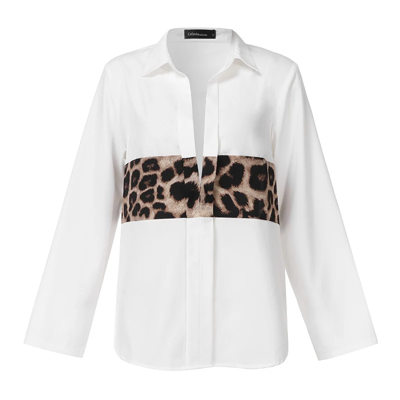 Сексуальная леопардовая прошитая блузка женская одежда Celmia осенние Рубашки с v-образным вырезом и длинным рукавом повседневные свободные топы винтажные Блузы 5XL - Цвет: Белый
