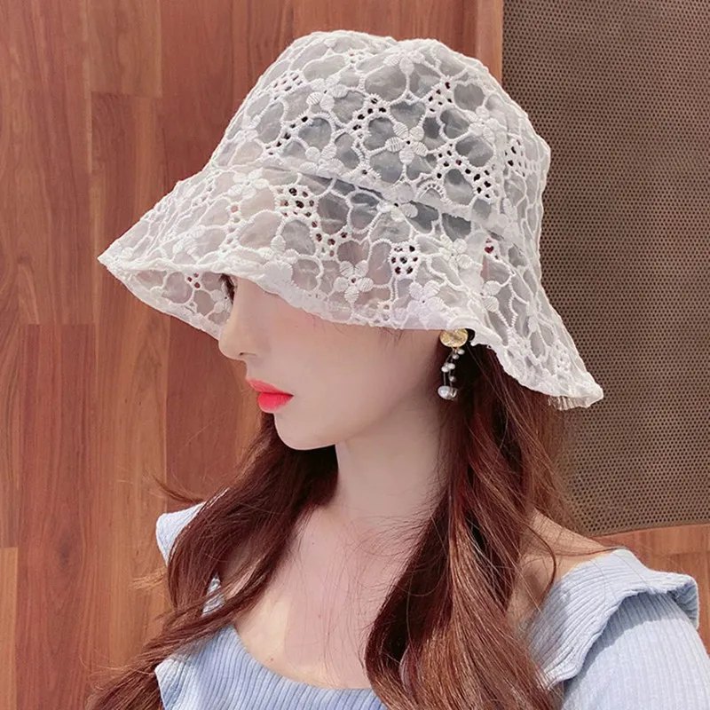 Chic Elegant Ladies Lace Black /White Bucket Hat 2020 New Summer Sun Hats Hollow Flower Breathable Fishermen Hat For Women