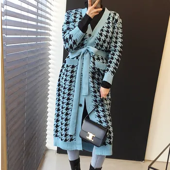 

New Winter Houndstooth Knitted Long Cardigans Sweaters Women Full Sleeve Singe-Breasted V-Neck Sashes Vintage Fashion Tops